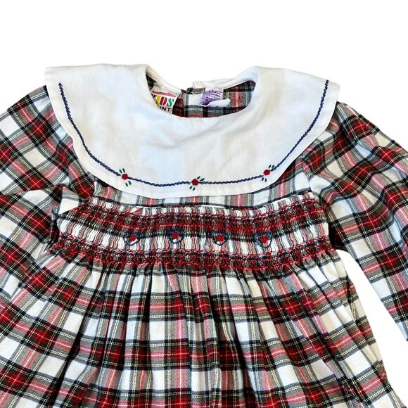 Vintage Hand Smocked Red Plaid Collared Dress Girls 5 Kids Count - Picture 2 of 7